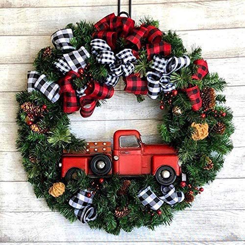 Christmas Red Truck Wreath with Buffalo Plaid Ribbon and Checkered Black & White Ribbon OR Chalkboard Merry Christmas variant