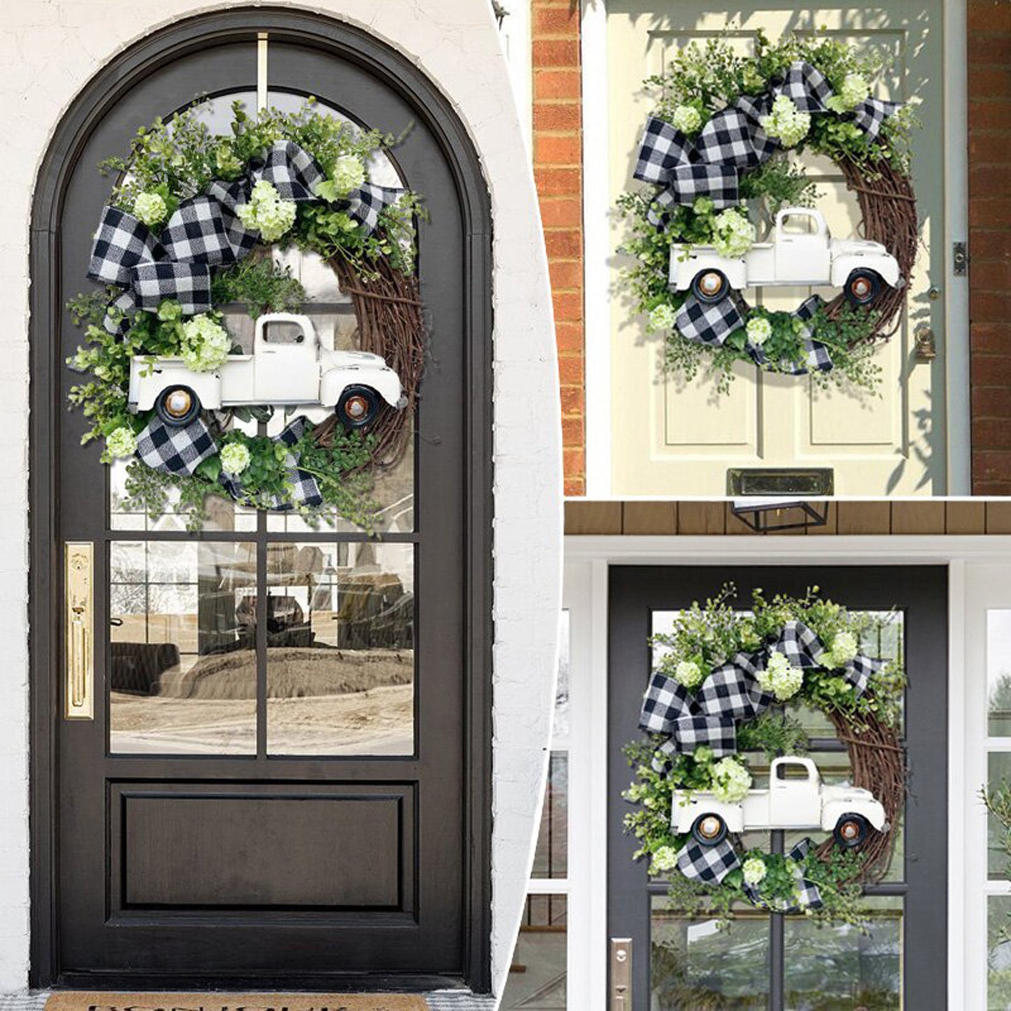 White Truck Wreath with Black and White Ribbon and Seasonal Flower Accents