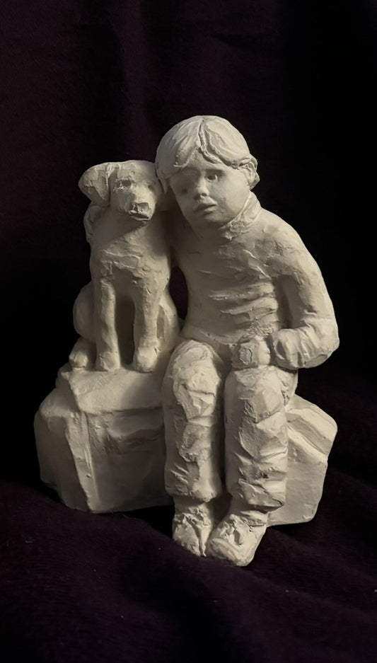 Vintage 1987 Austin Production Bright Eyes Sculpture by Dee Crowley - Boy with Dog