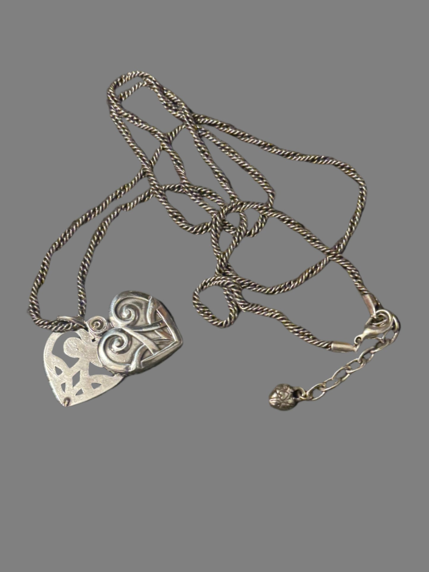 Brighton Silver Heart Locket Reversible Slide-Open 1" Pendant on Long beautiful Twisted 32-34" Twisted Chain with Lobster Clasp extended chain with heart