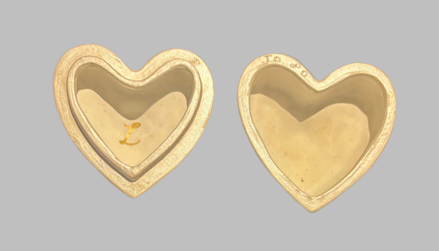 Handmade Ceramic Petite Palm-Sized gold L-Embossed Heart-Shaped Jewelry box. Artist-initialed.
