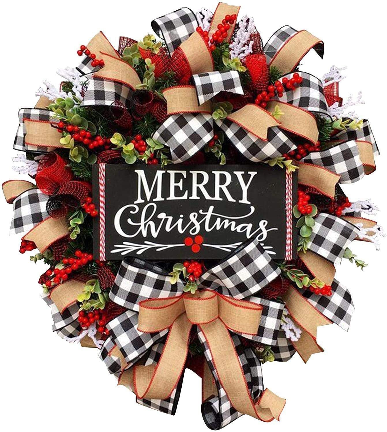 Christmas Red Truck Wreath with Buffalo Plaid Ribbon and Checkered Black & White Ribbon OR Chalkboard Merry Christmas variant