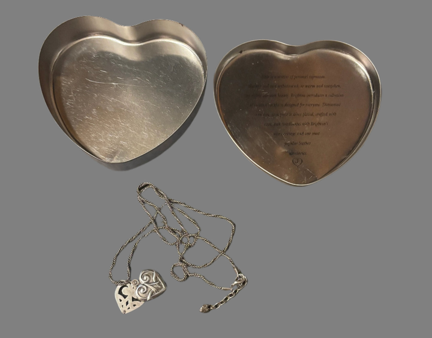 Brighton Silver Heart Locket Reversible Slide-Open 1" Pendant on Long beautiful Twisted 32-34" Twisted Chain with Lobster Clasp extended chain with heart