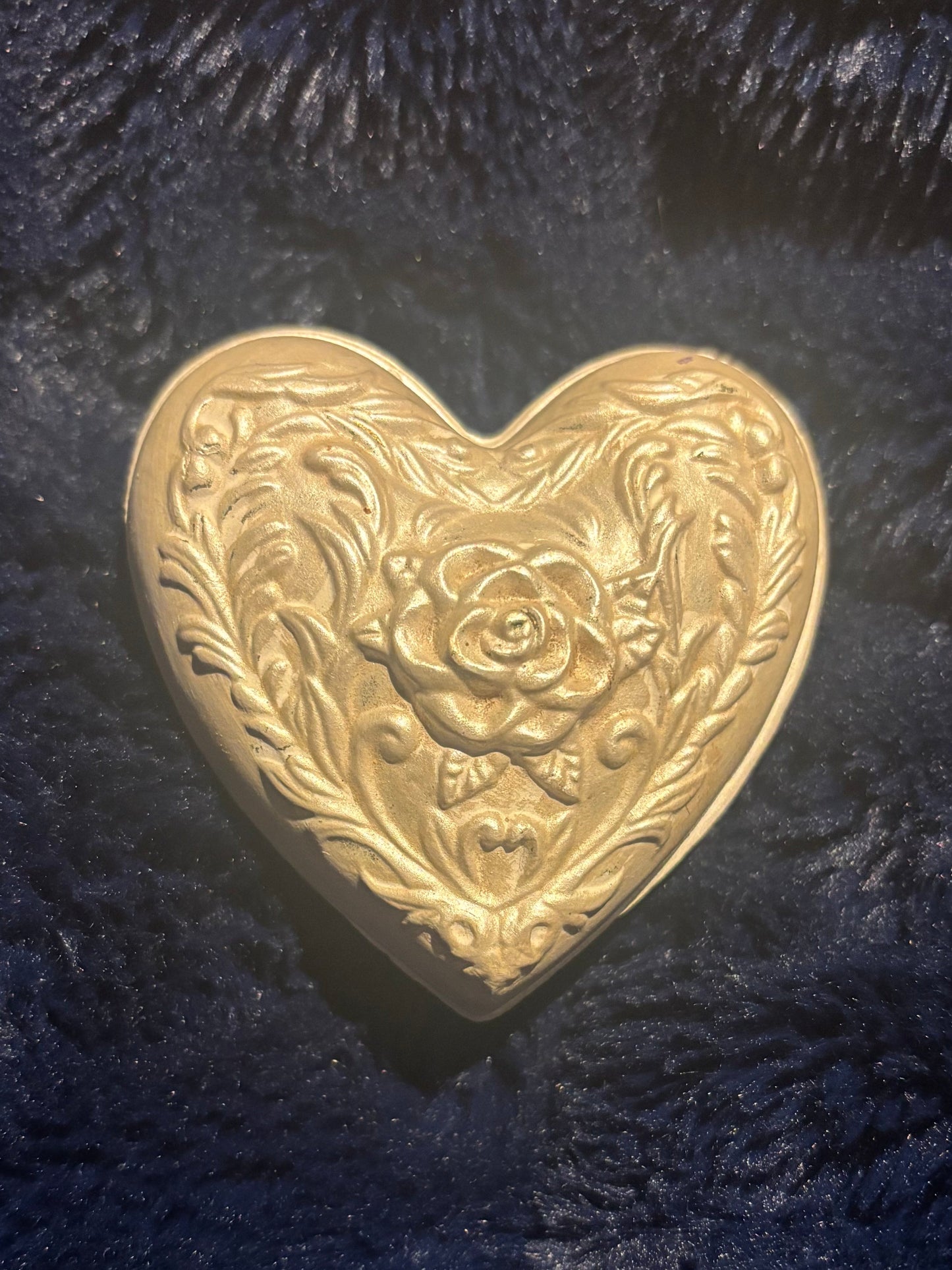 Handmade Ceramic Petite Palm-Sized gold L-Embossed Heart-Shaped Jewelry box. Artist-initialed.