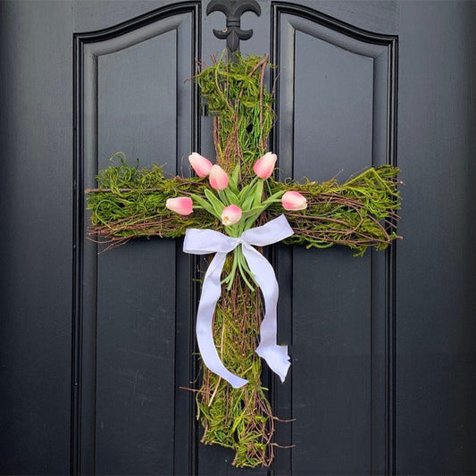 Easter Cross Wreath with Beautiful Spring Tulips and Ribbon